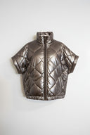 ICE Bodywarmer in Brown, oversized glossy padded bodywarmer with high neck, modern refined finish, statement cold-weather layering