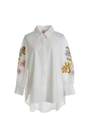 Flora Blanca Sleeve Blouse in White, fitted blouse with pastel floral embroidery on sleeves, chic feminine style