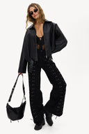 A Petal’s Prayer Black PU Bomber | Oversized polished zip bomber