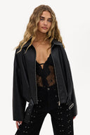 A Petal’s Prayer Black PU Bomber | Oversized polished zip bomber