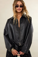 A Petal’s Prayer Black PU Bomber | Oversized polished zip bomber
