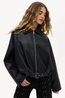 A Petal’s Prayer Black PU Bomber | Oversized polished zip bomber