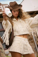 Moonlit Meadow Fringe Denim Shorts | Relaxed frayed denim short