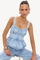 Forever Grateful Blue Denim Top | Romantic ruffled denim top